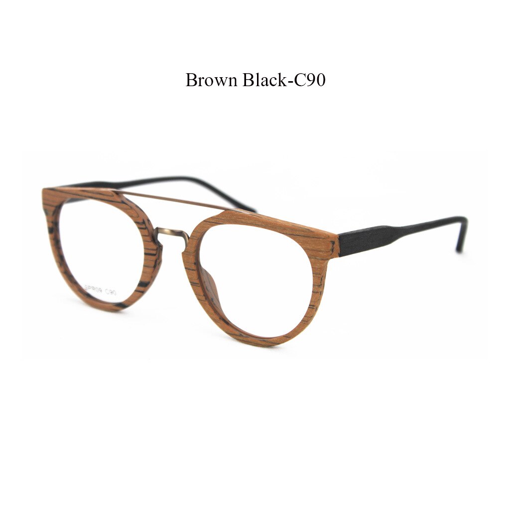 Hdcrafter Unisex Full Rim Round Wood Metal Acetate Double Bridge Frame Eyeglasses Spr09 Full Rim Hdcrafter Eyeglasses Brown Black-C90