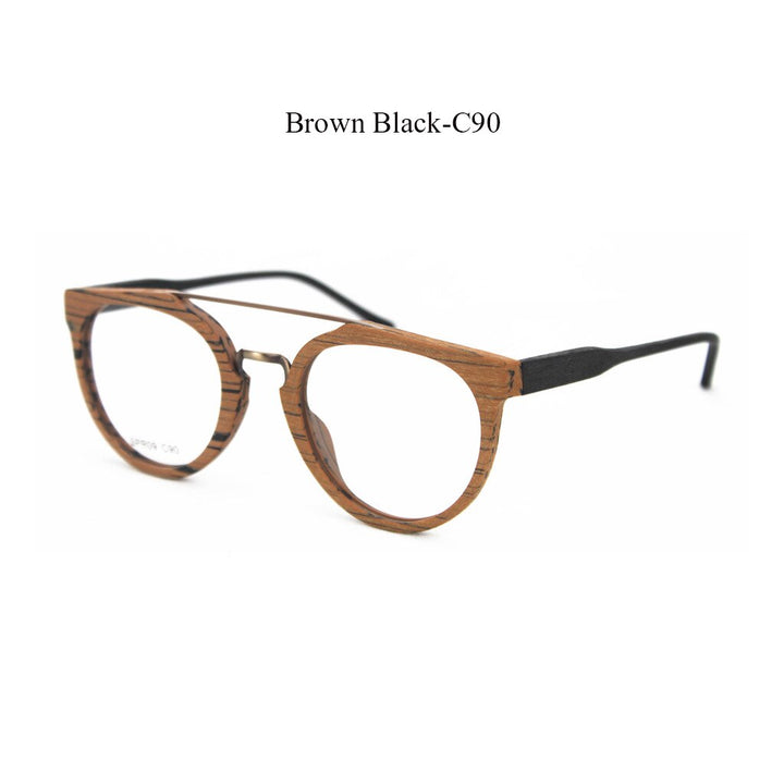 Hdcrafter Unisex Full Rim Round Wood Metal Acetate Double Bridge Frame Eyeglasses Spr09 Full Rim Hdcrafter Eyeglasses Brown Black-C90