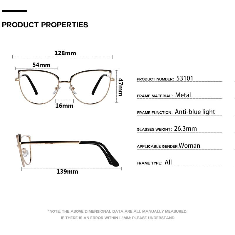 CCspace Unisex Full Rim Cat Eye Alloy Frame Eyeglasses 53101 Full Rim CCspace