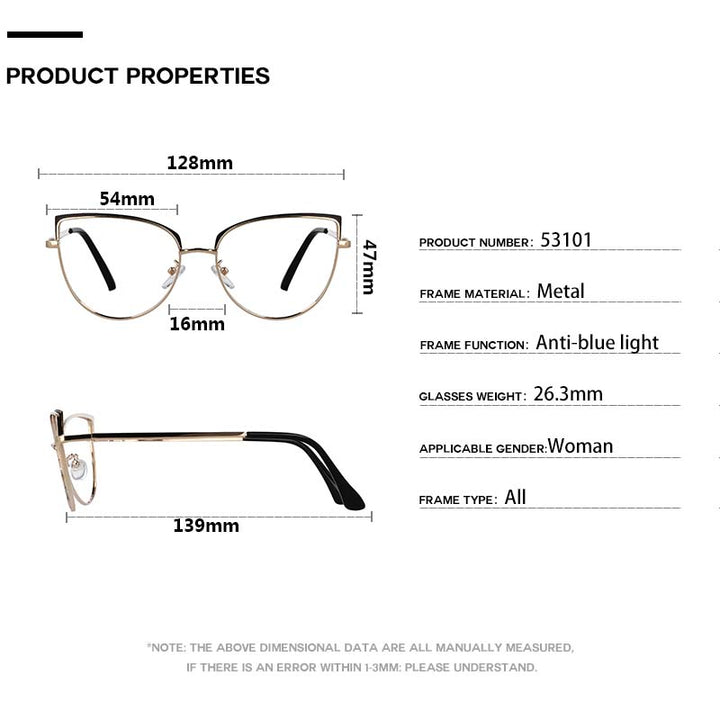 CCspace Unisex Full Rim Cat Eye Alloy Frame Eyeglasses 53101 Full Rim CCspace
