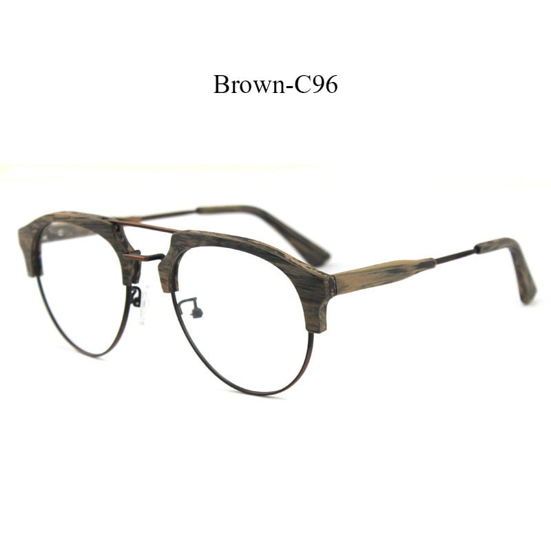 Hdcrafter Men's Full Rim Round Double Bridge Wood Metal Frame Eyeglasses 15144 Full Rim Hdcrafter Eyeglasses C96