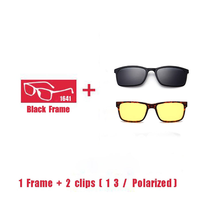 Oveliness Unisex Full Rim Square Tr 90 Titanium Eyeglasses Polarized Clip On Sunglasses 1641 With Clip Ons Oveliness 1F 2 clips 1 3