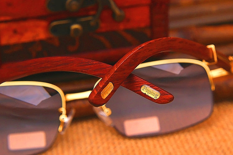 Vazrobe Unisex Semi Rim Rectangle Wood Titanium UV400 Sunglasses 3757 Sunglasses Vazrobe