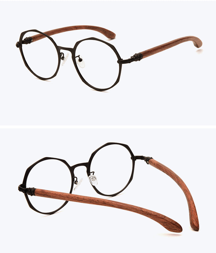 Hdcrafter Unisex Full Rim Round Acetate Alloy Frame Wood Temple Eyeglasses 7578d Full Rim Hdcrafter Eyeglasses
