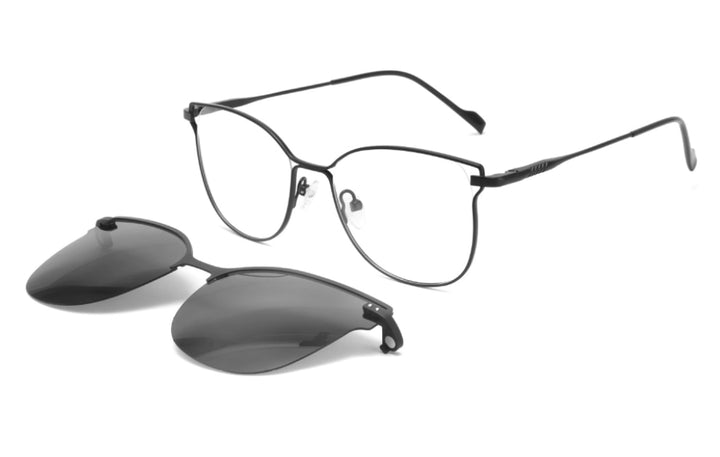 CCspace Unisex Full Rim Square Cat Eye Alloy Frame Eyeglasses Clip On Sunglasses 47478 With Clip Ons CCspace C1Black