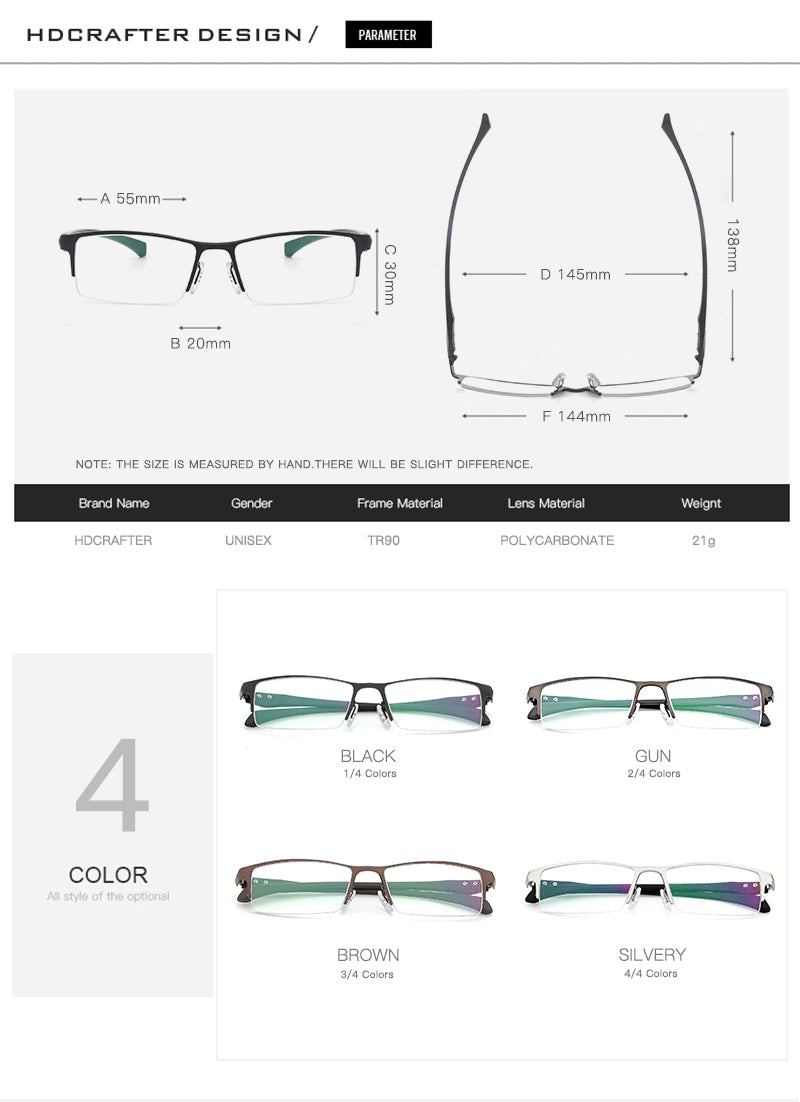 Hdcrafter Men's Semi Rim TR 90 Titanium Rectangle Frame Eyeglasses 9065 Semi Rim Hdcrafter Eyeglasses