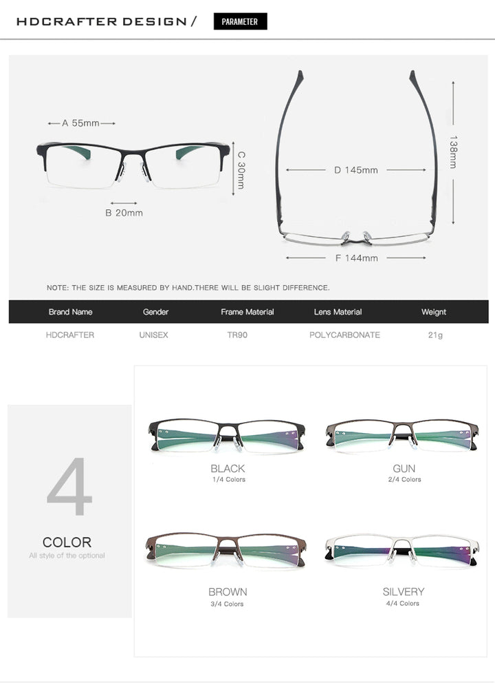 Hdcrafter Men's Semi Rim TR 90 Titanium Rectangle Frame Eyeglasses 9065 Semi Rim Hdcrafter Eyeglasses