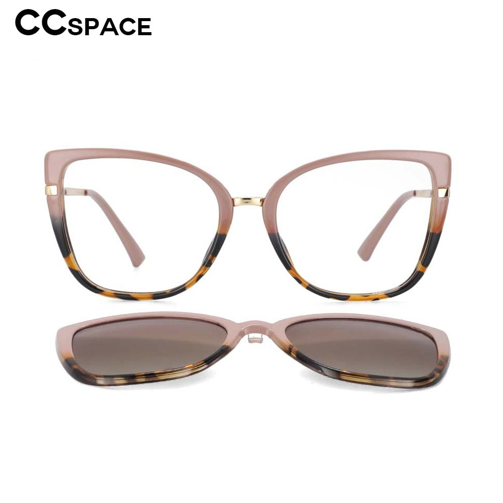 CCspace Unisex Full Rim Cat Eye Tr 90 Titanium Frame Eyeglasses Clip On Sunglasses 53752 With Clip Ons CCspace