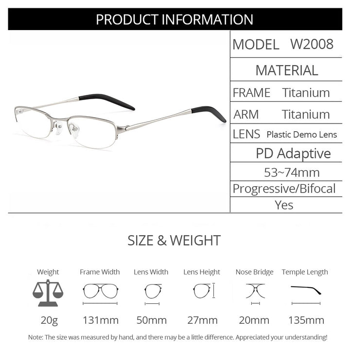 Gmei Women's Eyeglasses Rectangle Semi Rim Pure Titanium W2008 Full Rim Gmei Optical