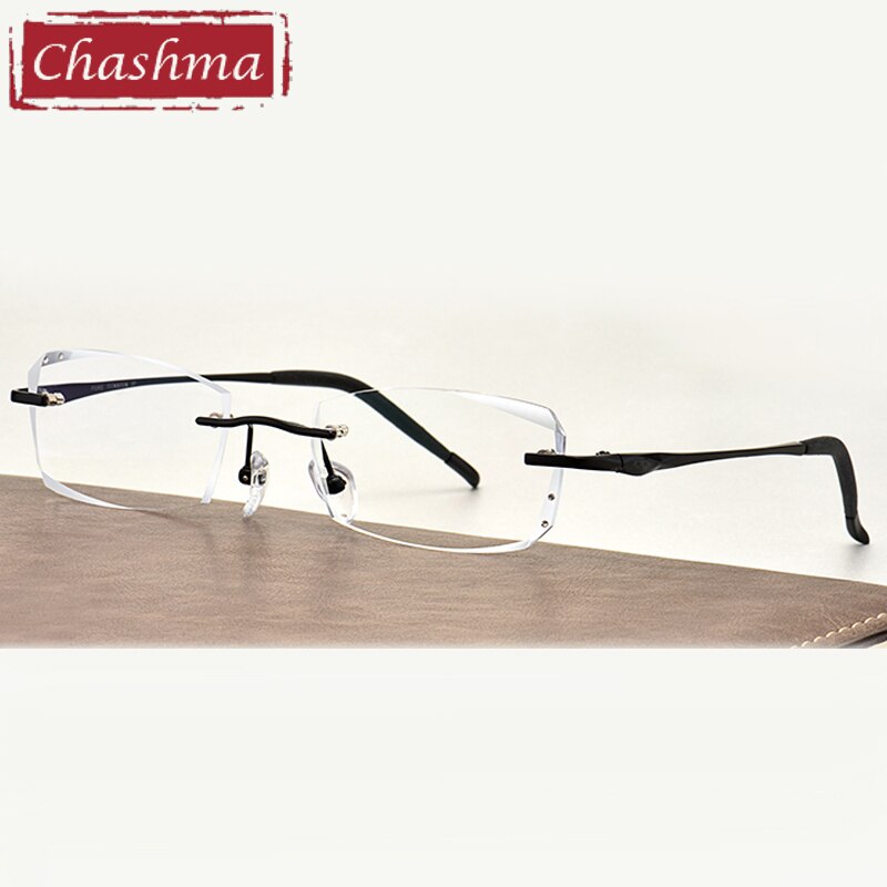 Men's Rectangle Diamond Trimmed Rimless Titanium Frame Eyeglasses 8193 Rimless Chashma A Black Clear  
