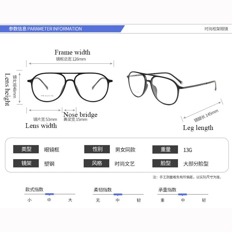 Unisex Double Bridge Acetate Steel Round Full Rim Eyeglasses 1116 Full Rim Bclear