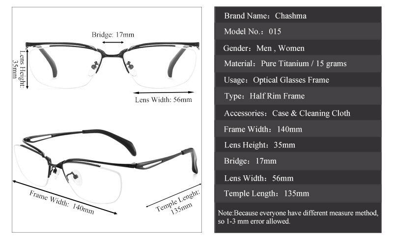 Chashma Ochki Men's Semi Rim Square Titanium Eyeglasses 015 Semi Rim Chashma Ochki