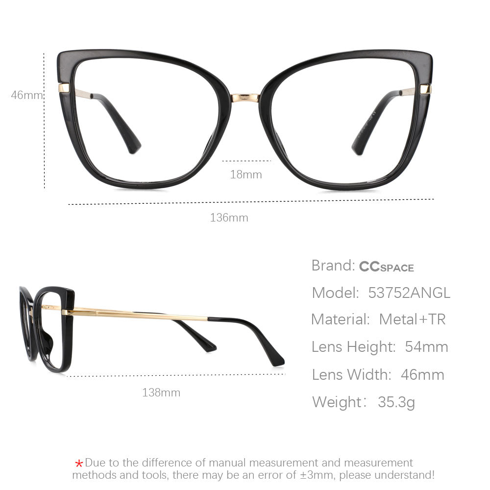 CCspace Unisex Full Rim Cat Eye Tr 90 Titanium Frame Eyeglasses Clip On Sunglasses 53752 With Clip Ons CCspace