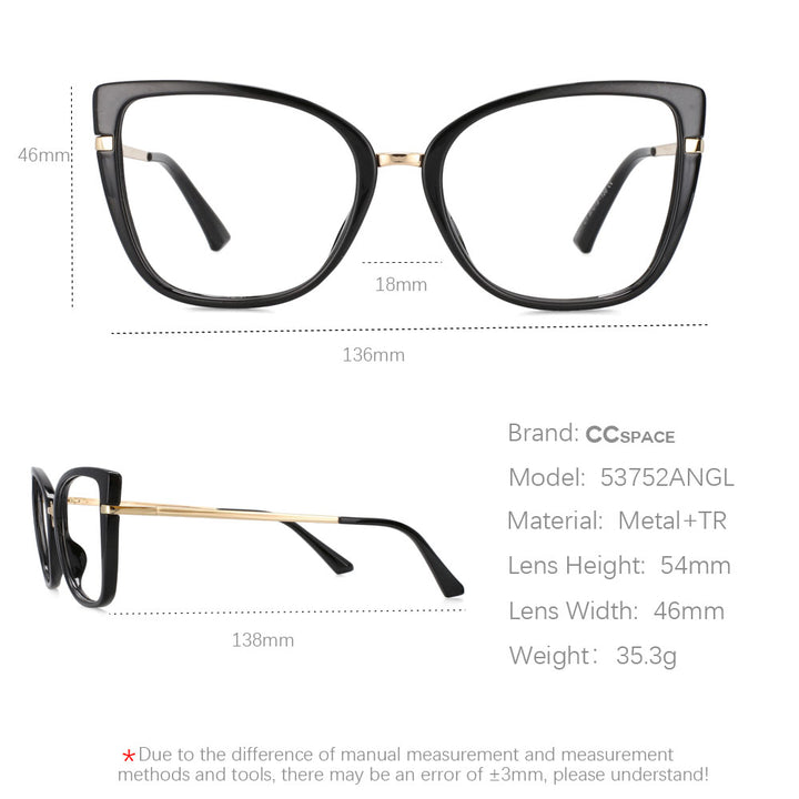CCspace Unisex Full Rim Cat Eye Tr 90 Titanium Frame Eyeglasses Clip On Sunglasses 53752 With Clip Ons CCspace