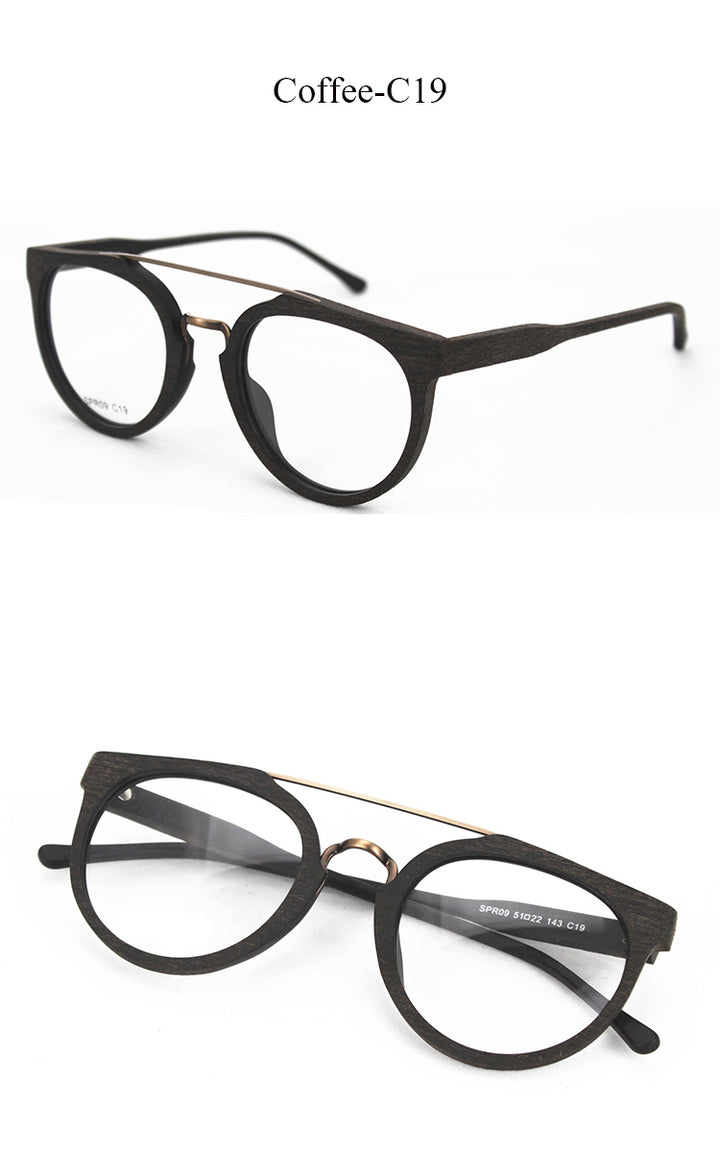 Hdcrafter Unisex Full Rim Round Wood Metal Acetate Double Bridge Frame Eyeglasses Spr09 Full Rim Hdcrafter Eyeglasses