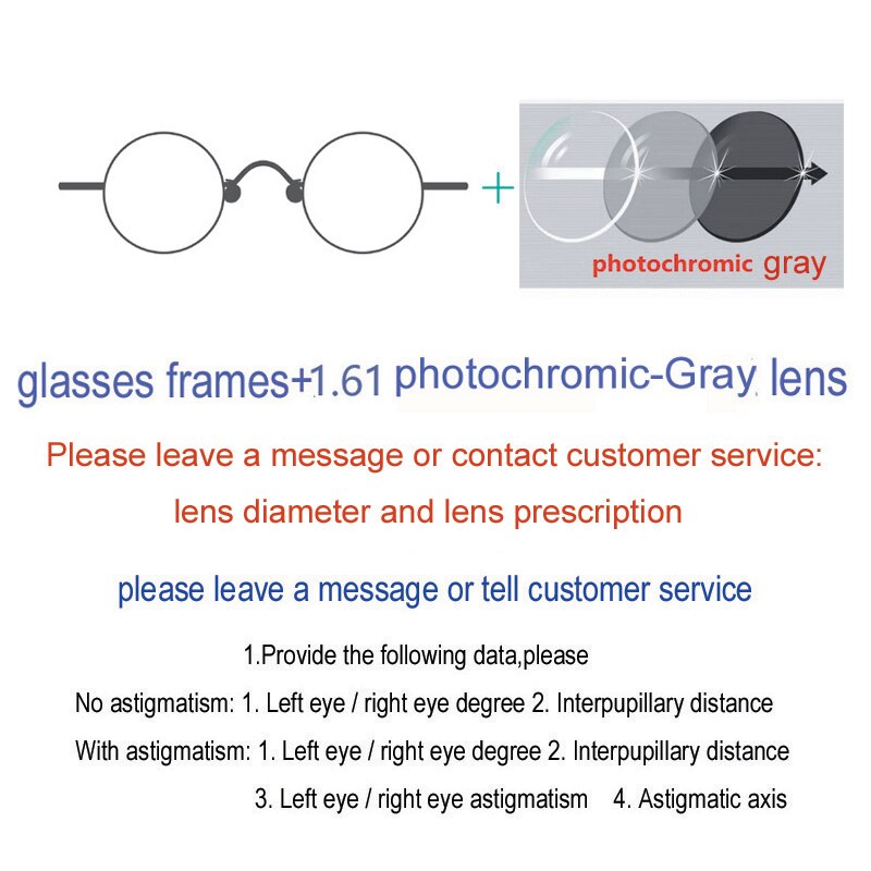 Yujo Unisex Full Rim Small Round Stainless Steel Eyeglasses Y019 Full Rim Yujo 1.61 Index Single Vision Photochromic Gray China