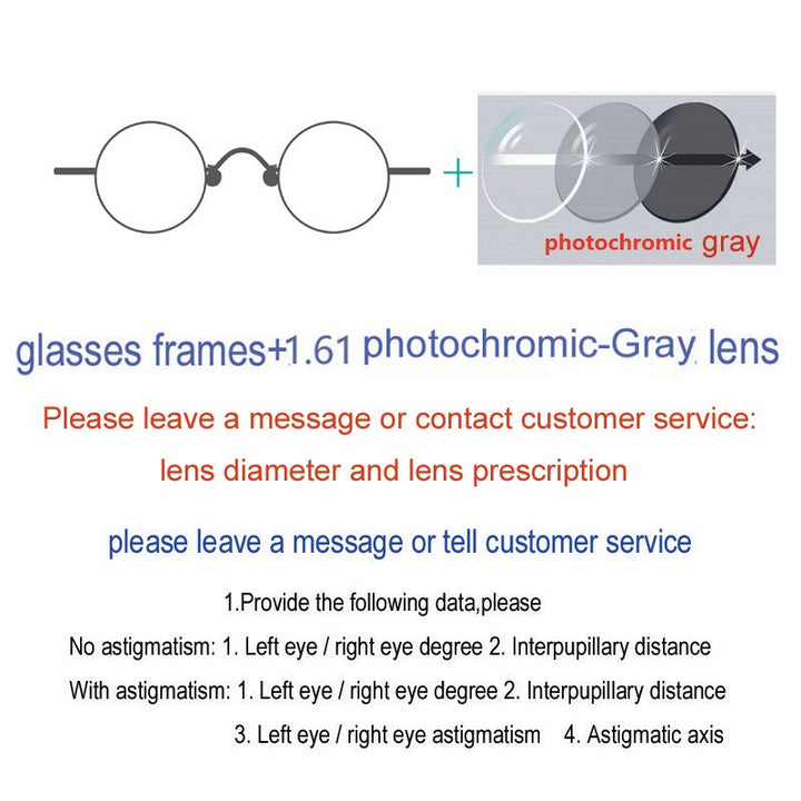 Yujo Unisex Full Rim Small Round Stainless Steel Eyeglasses Y019 Full Rim Yujo 1.61 Index Single Vision Photochromic Gray China