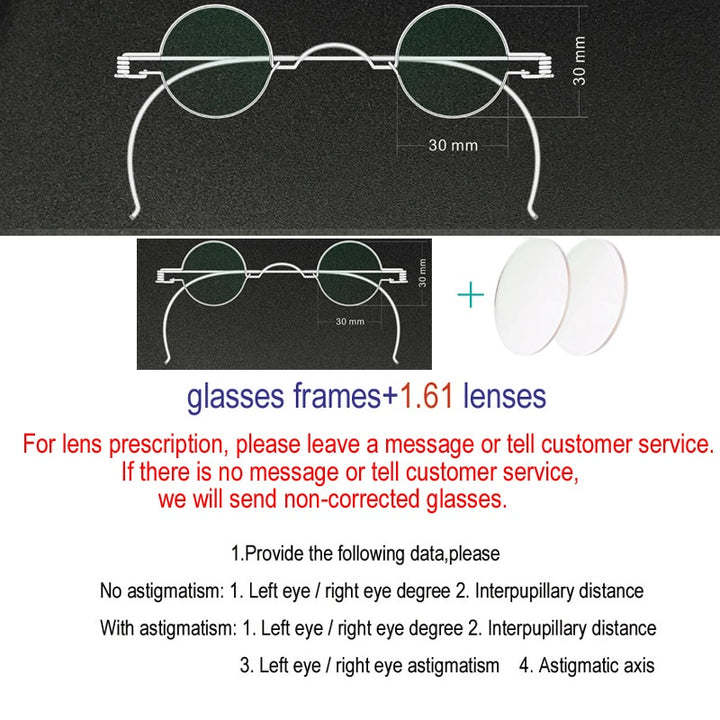Yujo Unisex Full Rim Round Stainless Steel Eyeglasses Y013 Full Rim Yujo 30mm 1.61 Index Single Vision