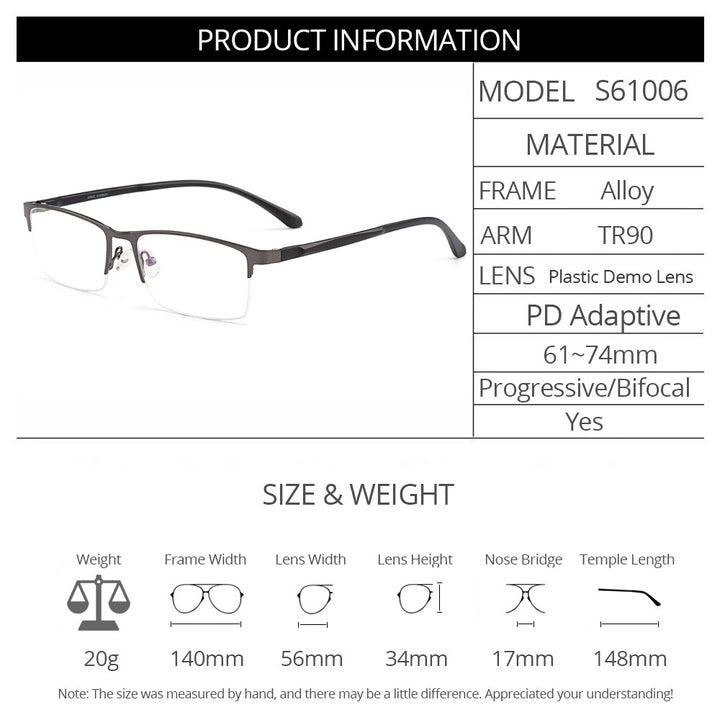 Gmei Men's Semi Rim Rectangle Alloy Eyeglasses S61006 Semi Rim Gmei Optical