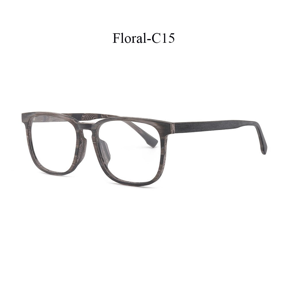 Hdcrafter Men's Full Rim Square Metal Wood Frame Eyeglasses P1688 Full Rim Hdcrafter Eyeglasses Floral-C15