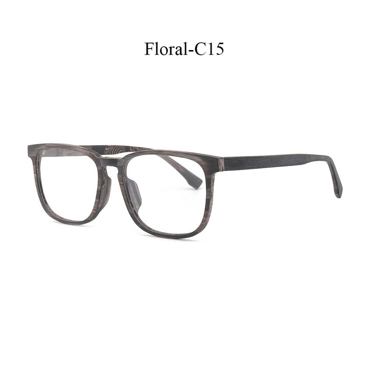 Hdcrafter Men's Full Rim Square Metal Wood Frame Eyeglasses P1688 Full Rim Hdcrafter Eyeglasses Floral-C15