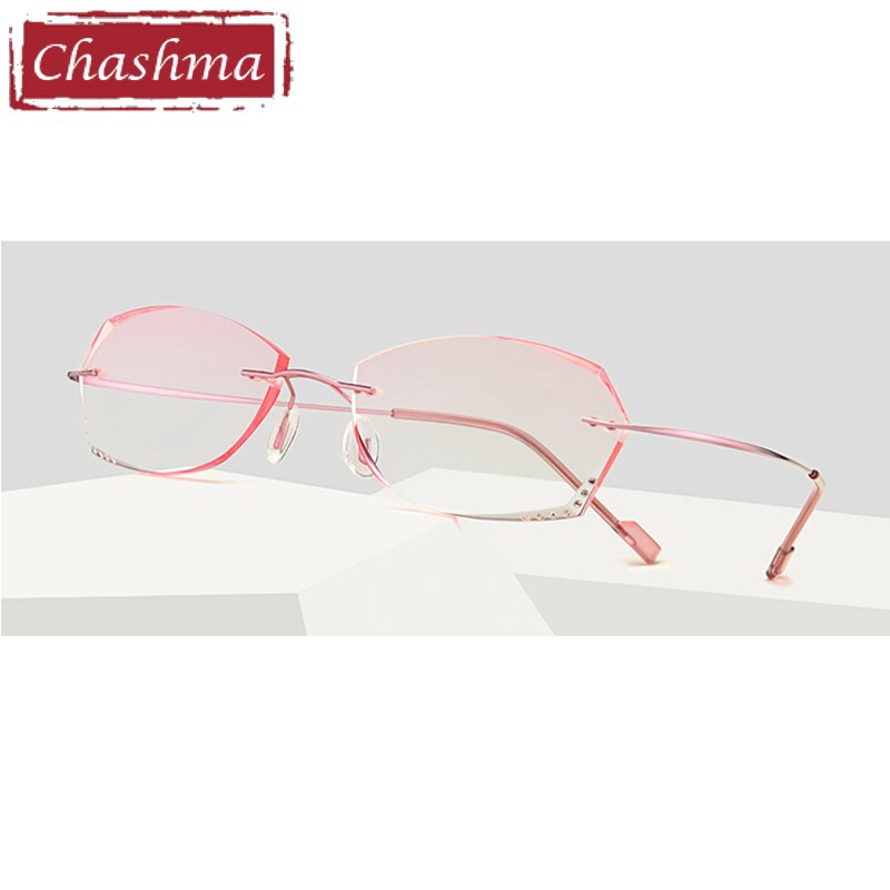 Women's Rimless Diamond Cut Tinted Lens Eyeglasses Titanium Frame 6074-9066 Rimless Chashma Pink Without Fold  