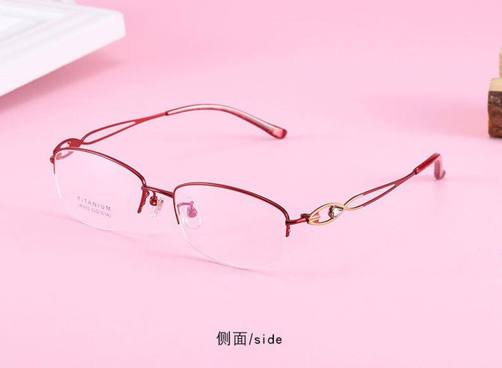Women's Hollow Jeweled Temple Semi Rim Frame Eyeglasses Lr7812 Semi Rim Bclear red gold