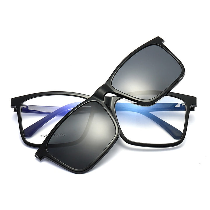 Yimaruili Men's Full Rim TR 90 Resin Frame Eyeglasses Polarized Clip On Sunglasses  2126 With Clip Ons Yimaruili Eyeglasses Brihgt Black C1