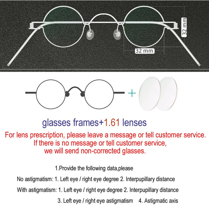 Yujo Unisex Full Rim Small Round Stainless Steel Eyeglasses Y019 Full Rim Yujo 32mm 1.61 Index Single Vision China
