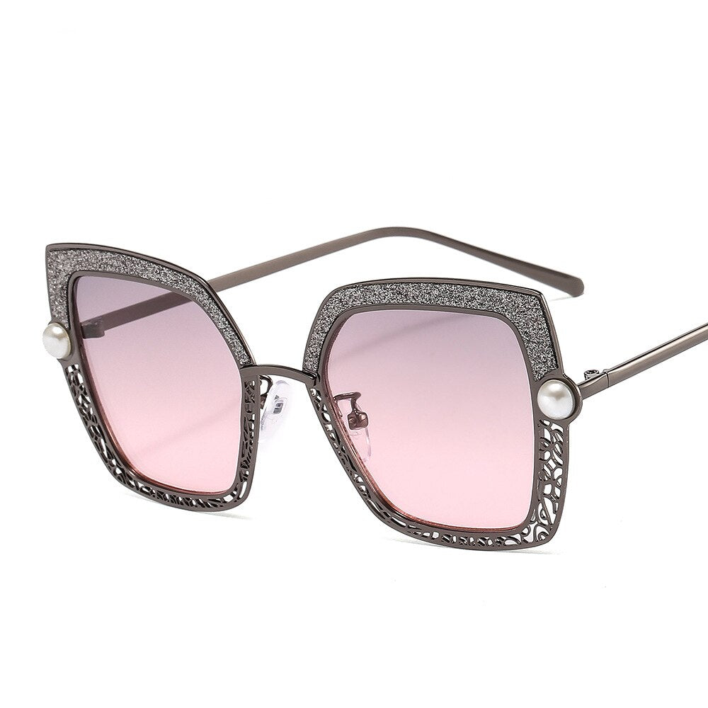 CCspace Women's Full Rim Square Cat Eye Hollow Pearl Alloy Frame Sunglasses 46548 Sunglasses CCspace Sunglasses C6Gun-Pink