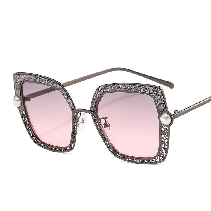 CCspace Women's Full Rim Square Cat Eye Hollow Pearl Alloy Frame Sunglasses 46548 Sunglasses CCspace Sunglasses C6Gun-Pink