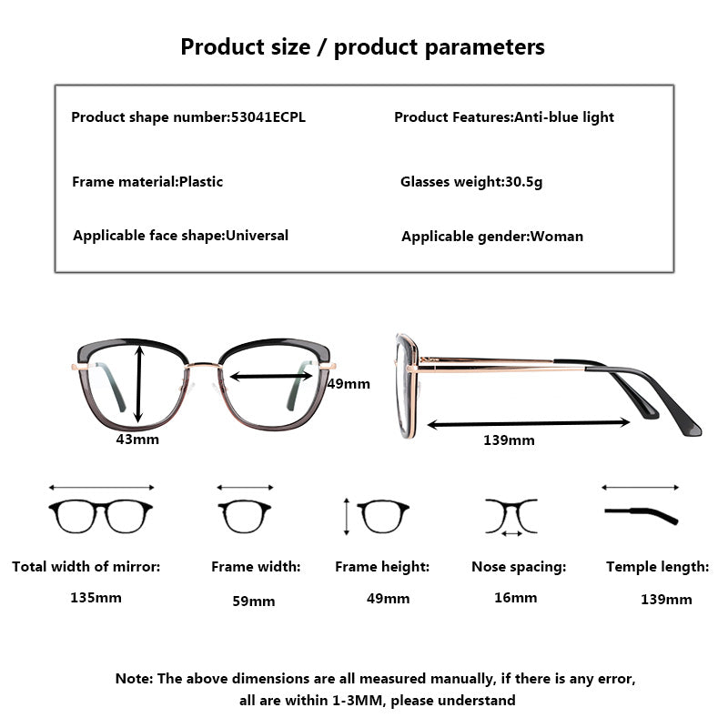 CCspace Women's Full Rim Square Cat Eye Tr 90 Titanium Frame Eyeglasses 53041 Full Rim CCspace