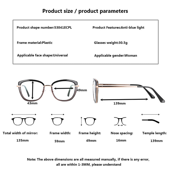 CCspace Women's Full Rim Square Cat Eye Tr 90 Titanium Frame Eyeglasses 53041 Full Rim CCspace