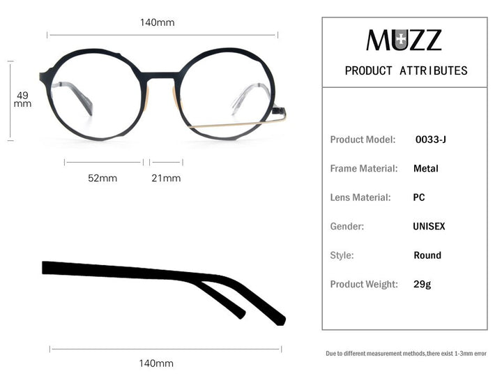 Muzz Men's Full Rim Polygonal Round Ultem Titanium Frame Eyeglasses 0034 Full Rim Muzz