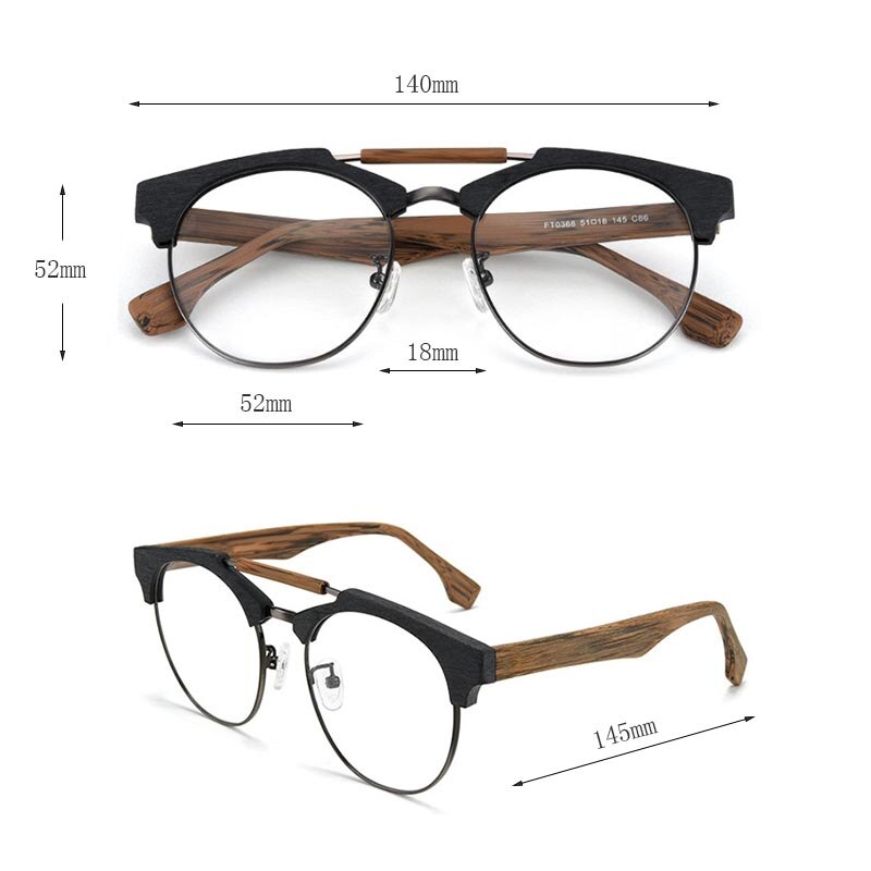 Hdcrafter Unisex Full Rim Round Wood Alloy Double Bridge Frame Eyeglasses Ft0366 Full Rim Hdcrafter Eyeglasses