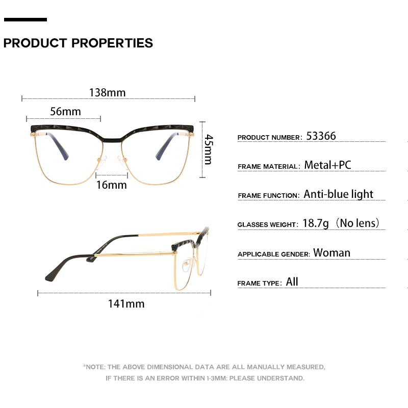 CCspace Unisex Full Rim Square Cat Eye Tr 90 Alloy Frame Eyeglasses 53366 Full Rim CCspace