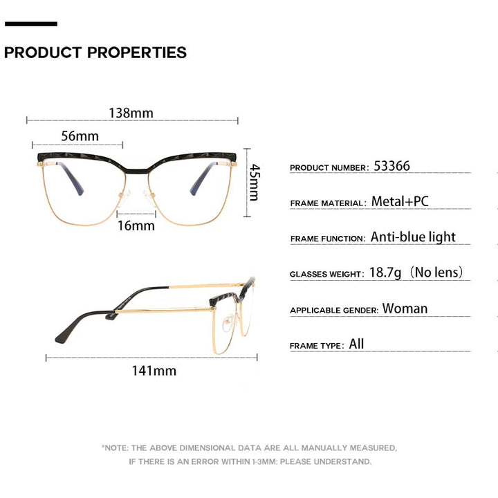 CCspace Unisex Full Rim Square Cat Eye Tr 90 Alloy Frame Eyeglasses 53366 Full Rim CCspace