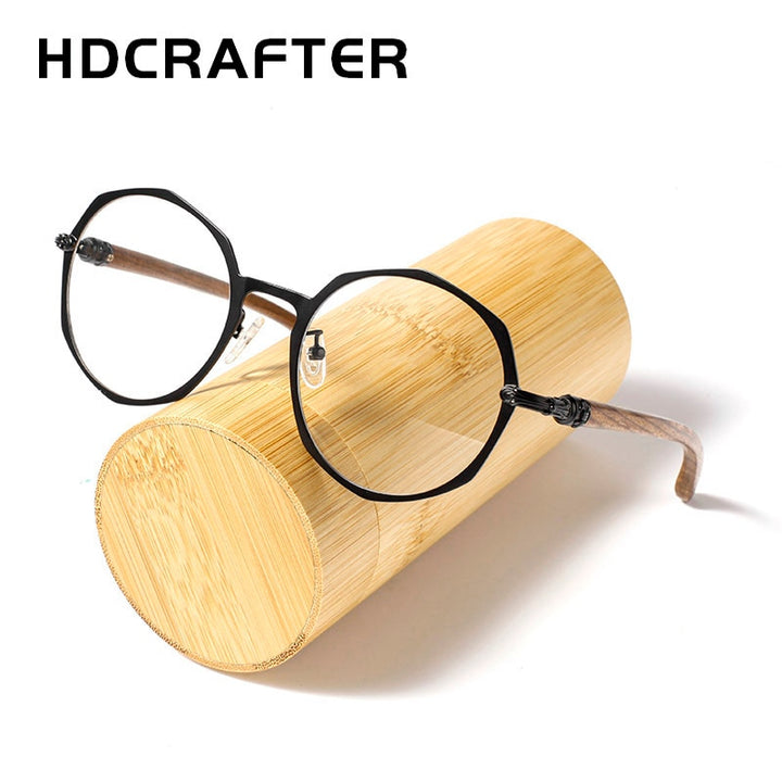 Hdcrafter Unisex Full Rim Round Acetate Alloy Frame Wood Temple Eyeglasses 7578d Full Rim Hdcrafter Eyeglasses