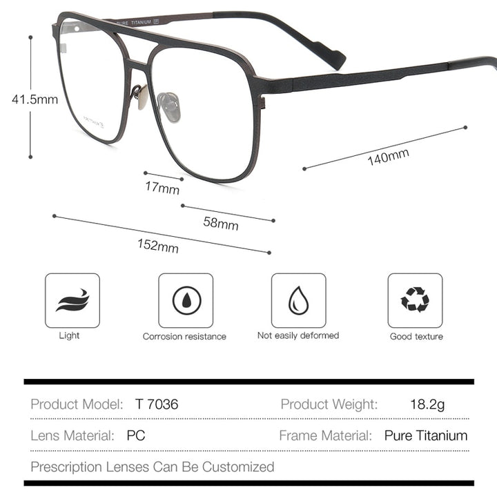 Muzz Unisex Full Rim Square Double Bridge Titanium Frame Eyeglasses T7036 Full Rim Muzz