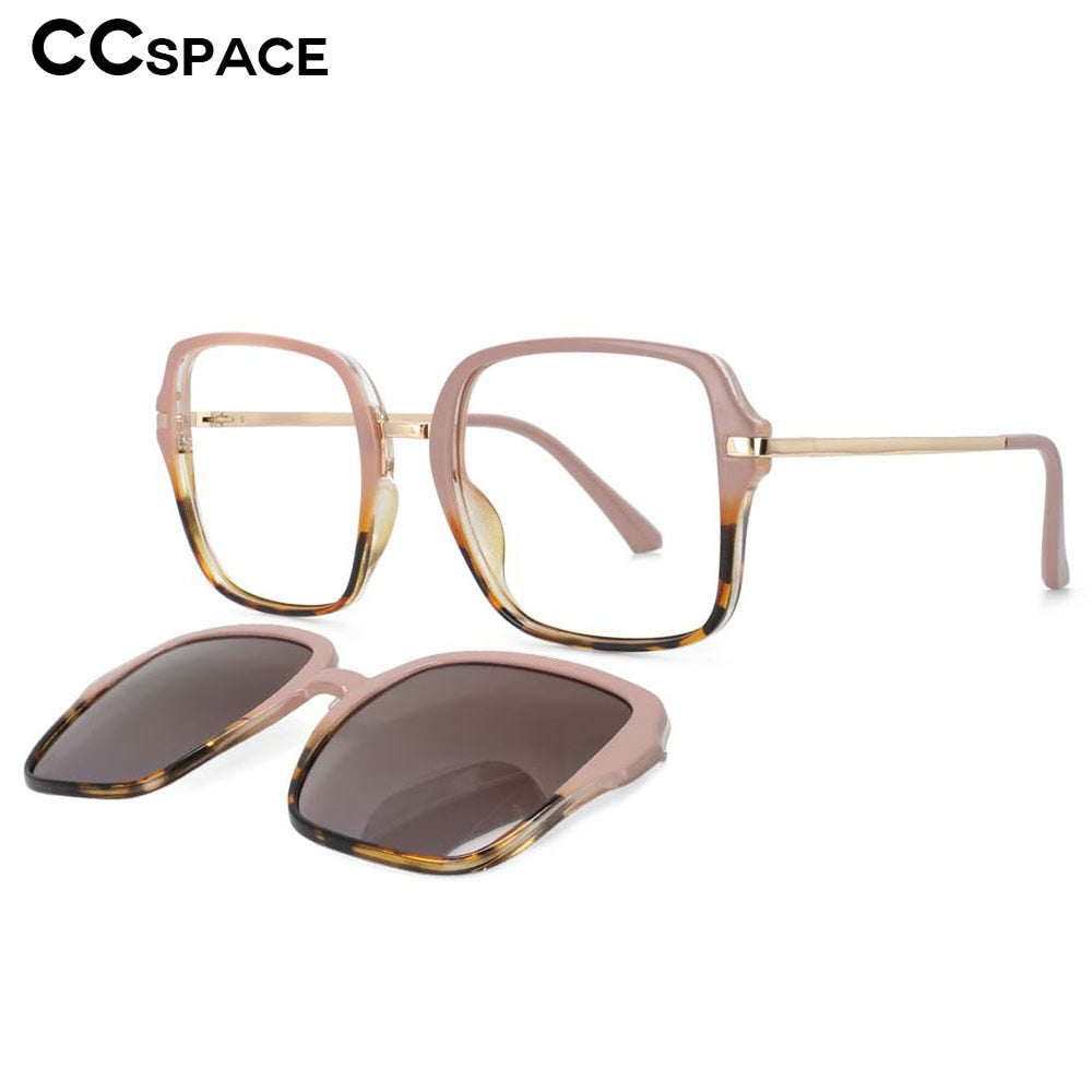 CCspace Unisex Full Rim Square Tr 90 Frame Eyeglasses Clip On Sunglasses 53661 With Clip Ons CCspace