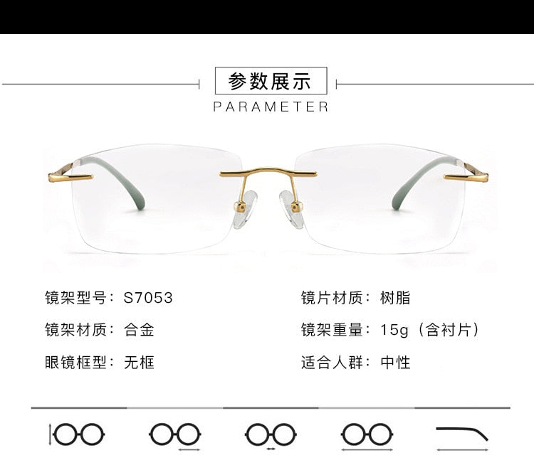 Men's Rimless Square Alloy Frame Eyeglasses Customizable Lenses Zt7053 Rimless Bclear