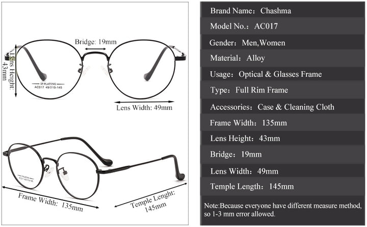 Chashma Ottica Unisex Full Rim Oval Stainless Steel Eyeglasses A017 Full Rim Chashma Ottica