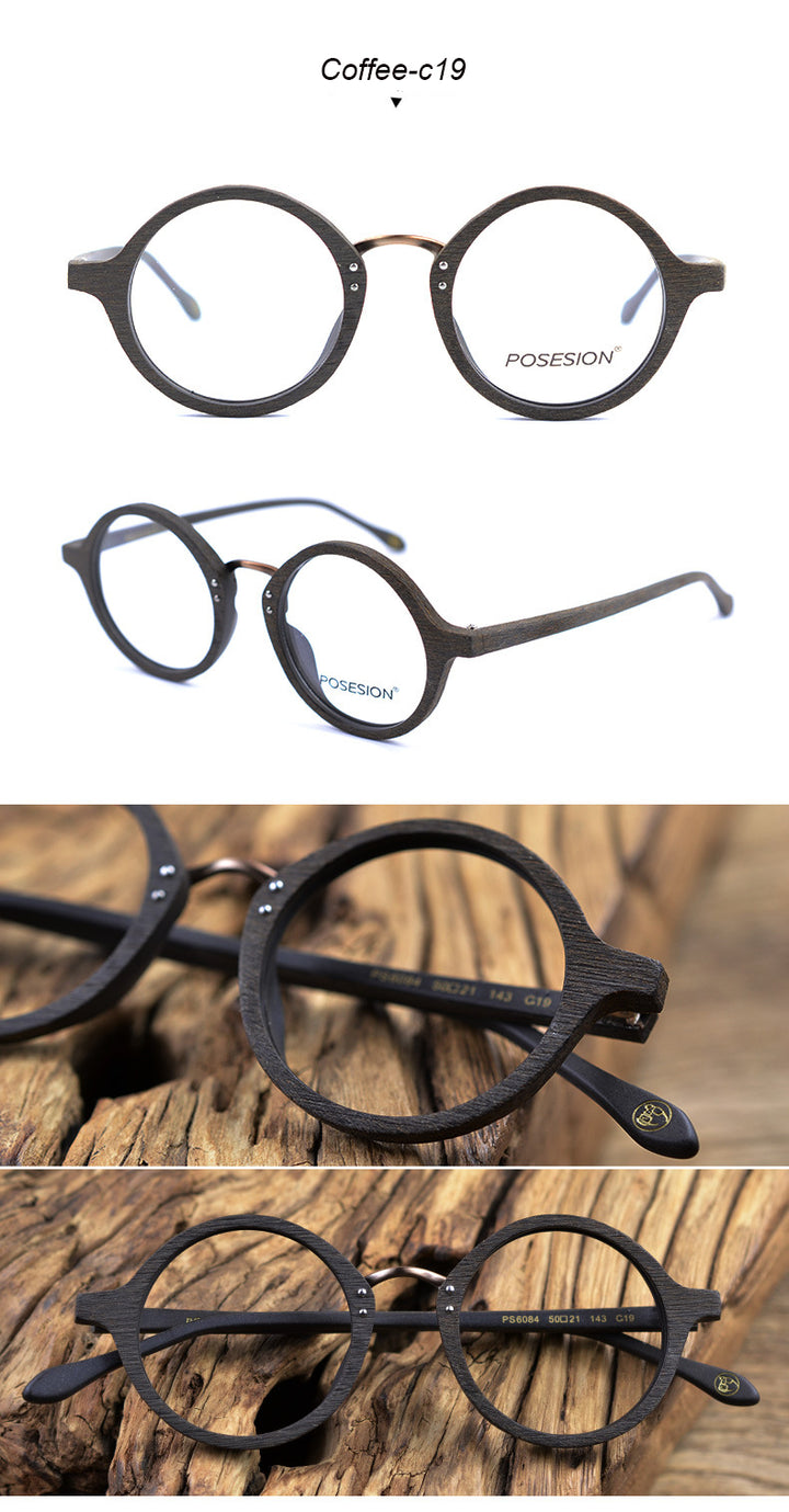 Hdcrafter Men's Full Rim Round Metal Wood Frame Eyeglasses Ps6084 Full Rim Hdcrafter Eyeglasses