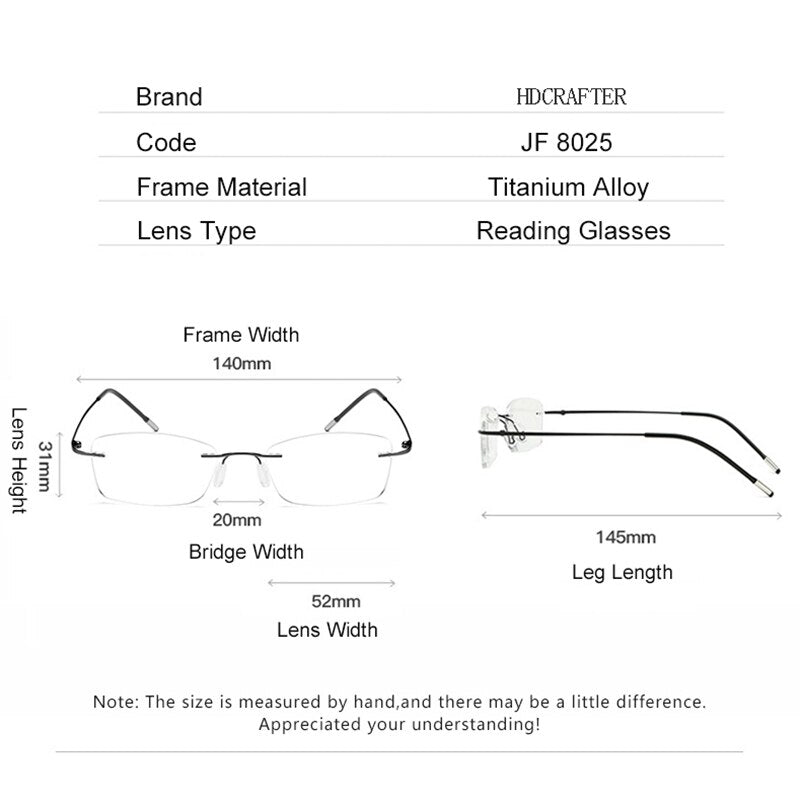 Hdcrafter Unisex Rimless Rectangle Titanium Frame Reading Glasses 8025 Reading Glasses Hdcrafter Eyeglasses