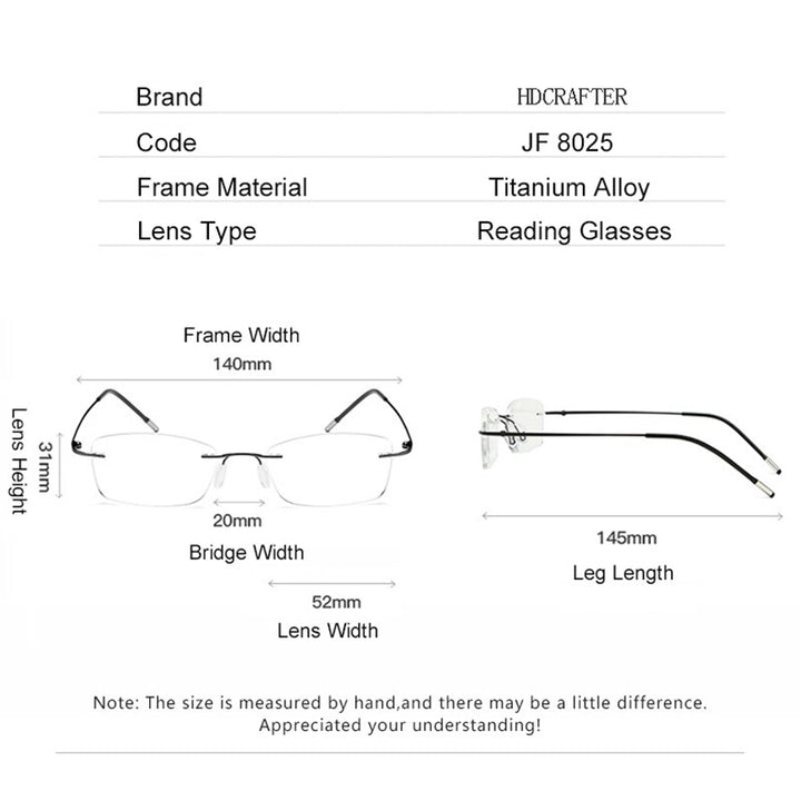 Hdcrafter Unisex Rimless Rectangle Titanium Frame Reading Glasses 8025 Reading Glasses Hdcrafter Eyeglasses