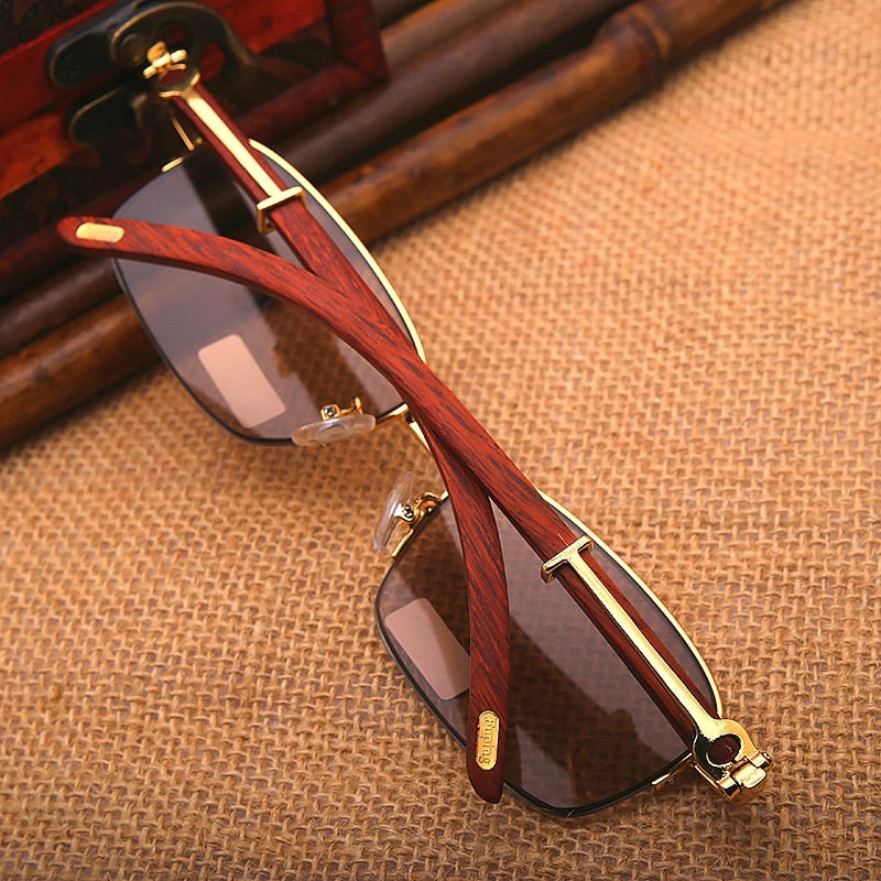 Vazrobe Unisex Semi Rim Rectangle Wood Titanium UV400 Sunglasses 3757 Sunglasses Vazrobe