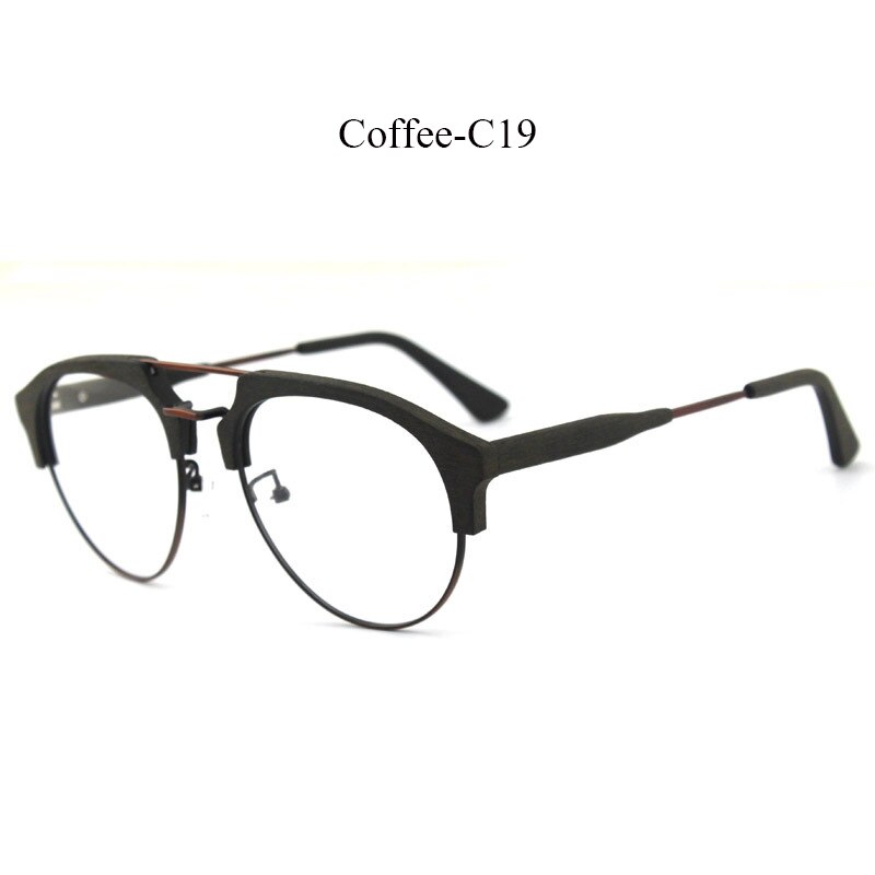 Hdcrafter Men's Full Rim Round Double Bridge Wood Metal Frame Eyeglasses 15144 Full Rim Hdcrafter Eyeglasses C19  