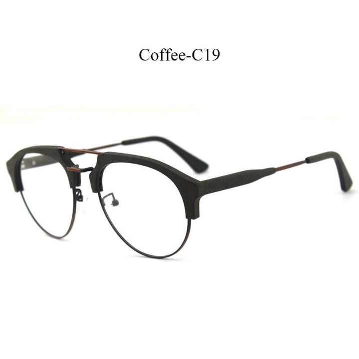 Hdcrafter Men's Full Rim Round Double Bridge Wood Metal Frame Eyeglasses 15144 Full Rim Hdcrafter Eyeglasses C19