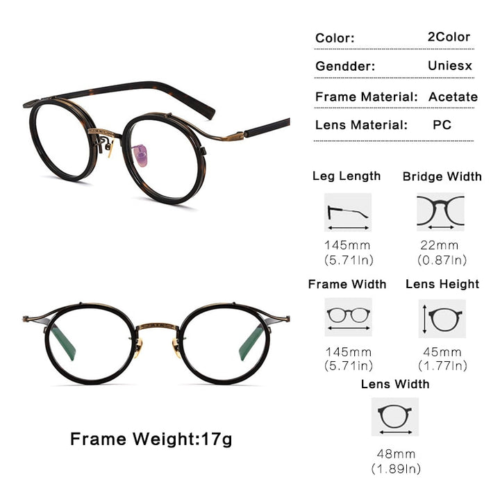 Gatenac Unisex Full Rim Round Acetate Alloy Frame Eyeglasses Gxj37 Full Rim Gatenac