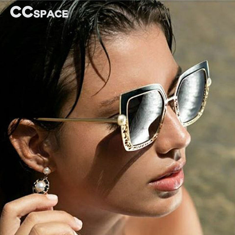 CCspace Women's Full Rim Square Cat Eye Hollow Pearl Alloy Frame Sunglasses 46548 Sunglasses CCspace Sunglasses
